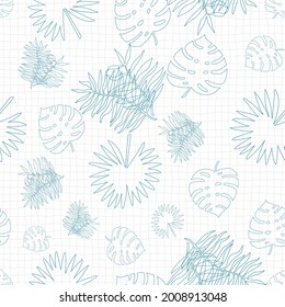 Tropical palm leaves seamless pattern on grid background. Blue botanical backdrop, simple line-art vector texture. Great for stationery, fabric, packaging design.