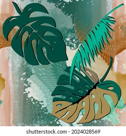 Las hojas de palmera tropicales son un patrón sin costura. Fondo de color de textura ornamental. Repita el efecto de fondo del grano. Hermosos adornos trópicos brillantes. Textura áspera infinita. El diseño floral de la superficie es moderno.