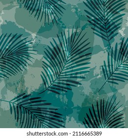 Patrón de hojas de palma tropical sin costura, planta exótica sobre manchas de color agua fondo vectorial. huella de la jungla.