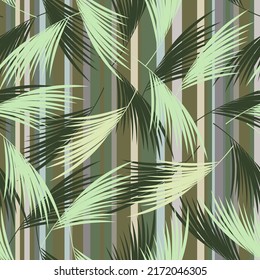 Tropical palm leaves seamless pattern. . Floral background Graphic stripes with vertical direction. Vector illustration