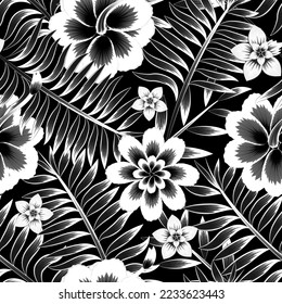 tropical palm leaves seamless pattern with floral plants and foliage on dark background. vintage tropical wallpaper. interior design. spring background. Floral background. Exotic tropics. autumn
