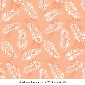 Tropical palm leaves seamless pattern, peach fuzz color, marbling effect, vector illustration, fashion, textile design. Color of the year 2024