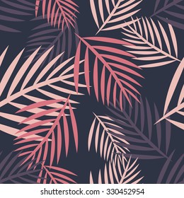 Tropical palm leaves seamless pattern in pink and violet colors