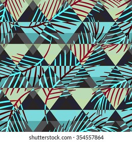 Tropical palm leaves seamless pattern with color triangle ornament
