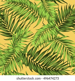 Tropical palm leaves seamless pattern. Bright green on primrose yellow background. Botanical vector design illustration.