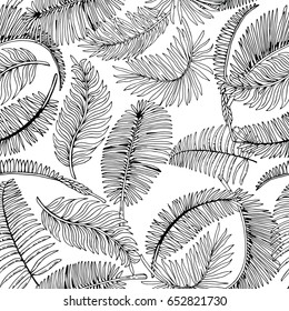 Tropical Palm Leaves Seamless Pattern. Exotic Jungle Background. Hand Drawn Black and White illustration.