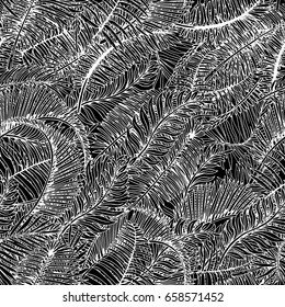 Tropical Palm Leaves Seamless Pattern. Exotic Jungle Background. Hand Drawn Black and White illustration.