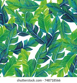 Tropical palm leaves seamless pattern vector background. Exotic beach art print on the white background