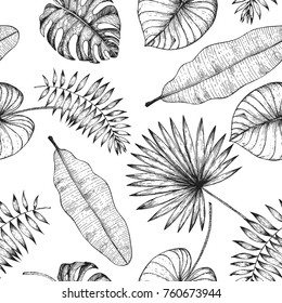 Tropical palm leaves seamless pattern. Vector illustration leaves of palm. Jungle pattern. Print on cloth template.