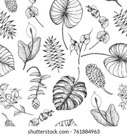 Tropical palm leaves seamless pattern. Vector illustration leaves of palm. Jungle pattern. Print on cloth template.
