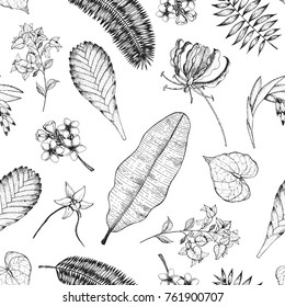 Tropical palm leaves seamless pattern. Vector illustration leaves of palm. Jungle pattern. Print on cloth template.
