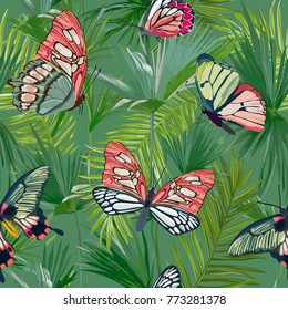 Tropical Palm Leaves Seamless Pattern. Jungle Background with Exotic Butterflies. Floral Fashion Design for Fabric, Textile. Vector illustration