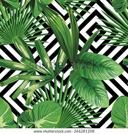 Tropical palm leaves seamless pattern on black and white geometric background. Exotic green banana leaf, fan palm and jungle foliage vector illustration. Modern botanical print for fabric, textile, wallpaper and surface design