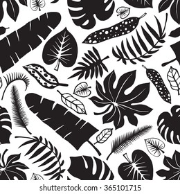 Tropical palm leaves seamless pattern.Vector Black leaf Silhouette background on white.Tree branches.Exotic graphic illustration,tropic paradise wallpaper,fabric.Plant vector leaves,summer