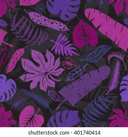 Tropical palm leaves seamless pattern.Vector summer leaf Silhouette background on black.Tropic leaves.Tree branches.Exotic graphic illustration,tropic paradise wallpaper,fabric.Summer vacation,holiday
