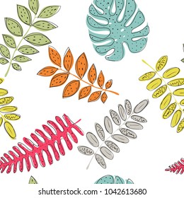 Tropical palm leaves seamless vector floral pattern with lines, strokes and dots. Palm and monstera  jungle. Ideal for textile. Summer background