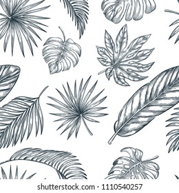 Tropical palm leaves seamless vector pattern. Sketch hand drawn illustration of jungle exotic plants. Fashion textile print or background design.