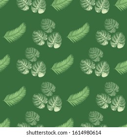 Tropical palm leaves seamless vector background. Exotic nature repeating background. Jungle floral backdrop in green beige white. Monstera, Philodendron, and Areca palm leaf. For fabric, beach wear