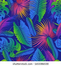 Tropical palm leaves seamless vector floral jungle colourful summer blue pattern background.