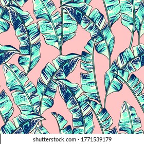 Tropical palm leaves. Seamless vector pattern of jungle leaves.