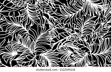  tropical palm leaves seamless vector pattern on the black background. Trendy Tropicana print in white contour 