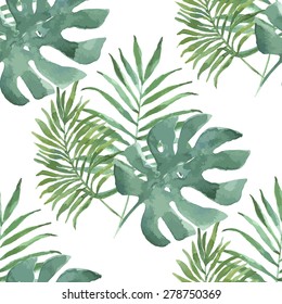 Tropical palm leaves. Seamless watercolor pattern, vector.