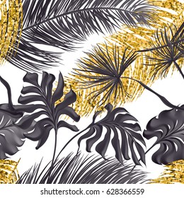 Hojas tropicales de palma, colección vectorial dibujada. Aislado sobre fondo blanco. Elementos decorativos, patrón botánico.  Color negro, blanco, dorado, diseño moderno. Patrón sin problemas.