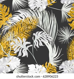 Tropical palm leaves set, drawn vector collection. Isolated on  background. Decorative elements, botanical pattern. Seamless pattern. White, black, gold colors.
