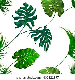 Tropical palm leaves set, drawn vector collection. Isolated on white background. Decorative elements, botanical pattern. Seamless pattern, watercolor design.