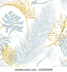 Tropical palm leaves set, drawn vector collection. Isolated on background. Decorative elements, botanical pattern. White, gold colors, trendy design. Seamless pattern.