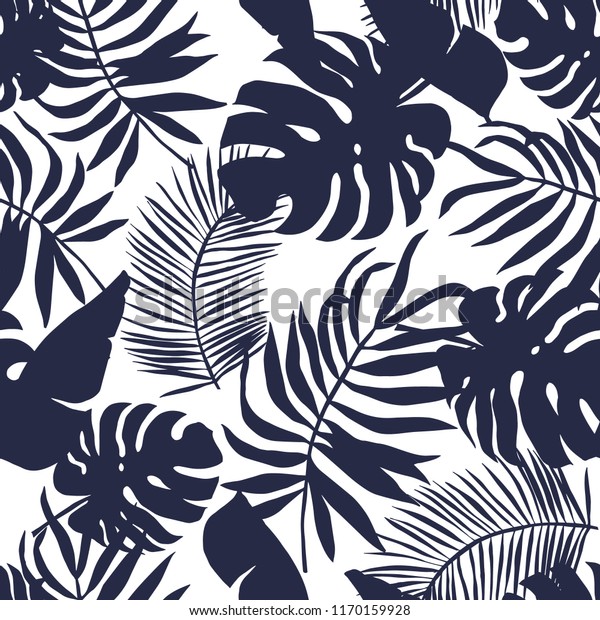 熱帯のヤシの葉のシルエット背景 白黒のイラスト 熱帯植物とのシームレスなベクター画像パターン 夏の楽園 ボタニカルビーチの印刷 ジャングルの葉 のベクター画像素材 ロイヤリティフリー