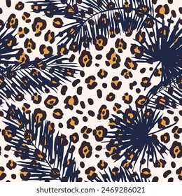 Tropical palm leaves silhouette, leopard animal print background. Vector floral illustration. Seamless pattern. Exotic plants. Summer beach design. Paradise nature