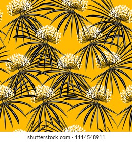 Tropical Palm leaves silhouette on the vivid yellow background and wild flowers  Vector seamless pattern for fashion,fabric and all prints 