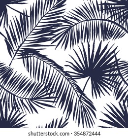 Tropical palm leaves silhouette on the white background. Botanical illustration. Vector seamless pattern. Exotic plants. Summer beach design. Paradise nature