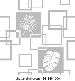 tropical palm leaves and square seamless floral pattern hand drawn leaves