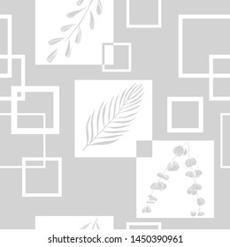 tropical palm leaves and square seamless floral pattern hand drawn leaves