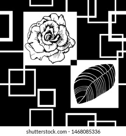 tropical palm leaves and square seamless floral pattern hand drawn leaves