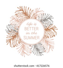 Tropical palm leaves summer frame with text. Isolated vector illustration. Greeting card template.