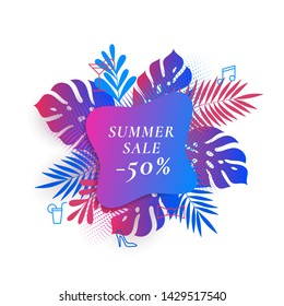 Tropical Palm Leaves Summer Sale Card or Banner Template. Abstract Gradient Foliage with Classic Typography. Vibrant Colors and Shapes Seasonal Advertising Layout. Isolated.