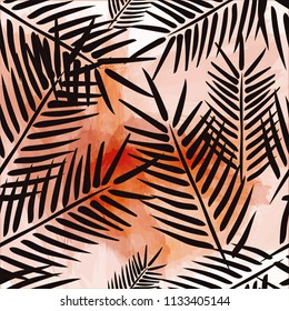 Tropical palm leaves, trees, jungle leaves seamless vector floral pattern on orange watercolor background. Seamless pattern tropical palm. Summer pattern