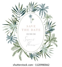 Tropical palm leaves and trees oval frame background. Wedding invitation design template. Vector illustration. Summer beach floral design for the card, poster, tee shirt. Paradise nature. Greenery