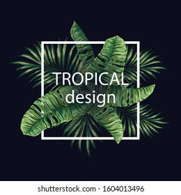 Tropical palm leaves. Trendy, congratulation or invitation card, flyersdesign template with southern green plants.