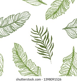 Tropical palm leaves vector background.