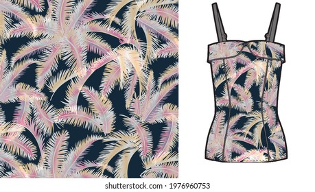 Tropical palm leaves, vector pattern  on women's top mockup. Jungle foliage illustration. Exotic plants. Summer beach floral design.