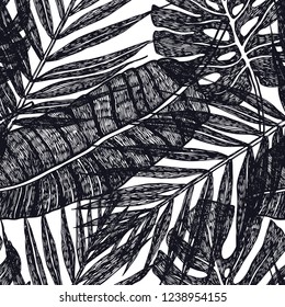 Tropical palm leaves Vector seamless pattern. Background illustration, Black color