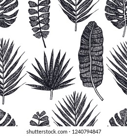 Tropical palm leaves Vector seamless pattern Black background set