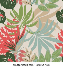 Tropical palm leaves, vector seamless jungle leaves, floral pattern. Thick jungle of palm and monstera. Ideal for textiles. Summer background in pastel tones.