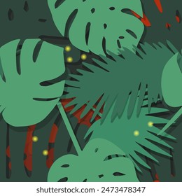  Tropical palm leaves vector seamless pattern. Floral wallpaper design.  Summer foliage and vegetation for fabric, wrapping paper. Editable