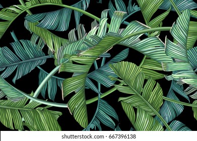 Tropical palm leaves. Vector seamless pattern on dark background.