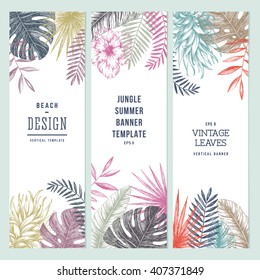 Tropical palm leaves. Vertical banner set. Vector illustration